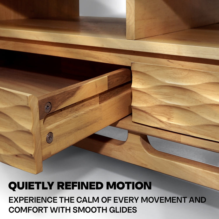 Acacia Elara wooden coffee table by Megsu with a rectangular shape, drawers, and a shelf for living room decor.