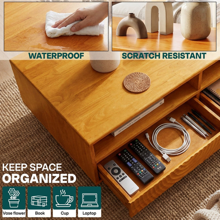 Megsu Acacia Harmony wooden coffee table with storage drawers and open shelf in caramel finish, showcasing a sleek modern design.