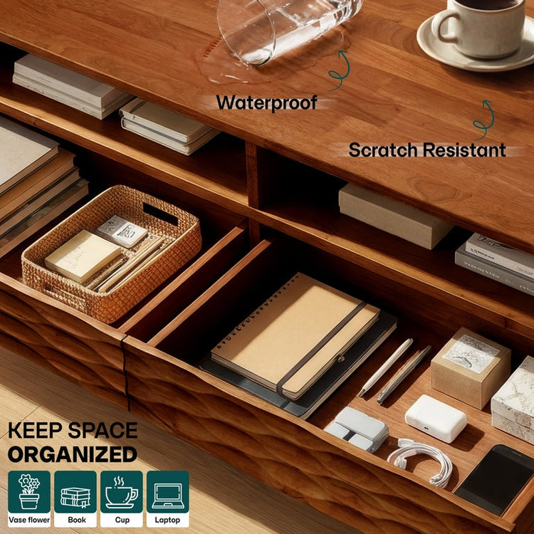Acacia Elara wooden coffee table by Megsu with rectangular surface, drawers, and lower shelf for storage.