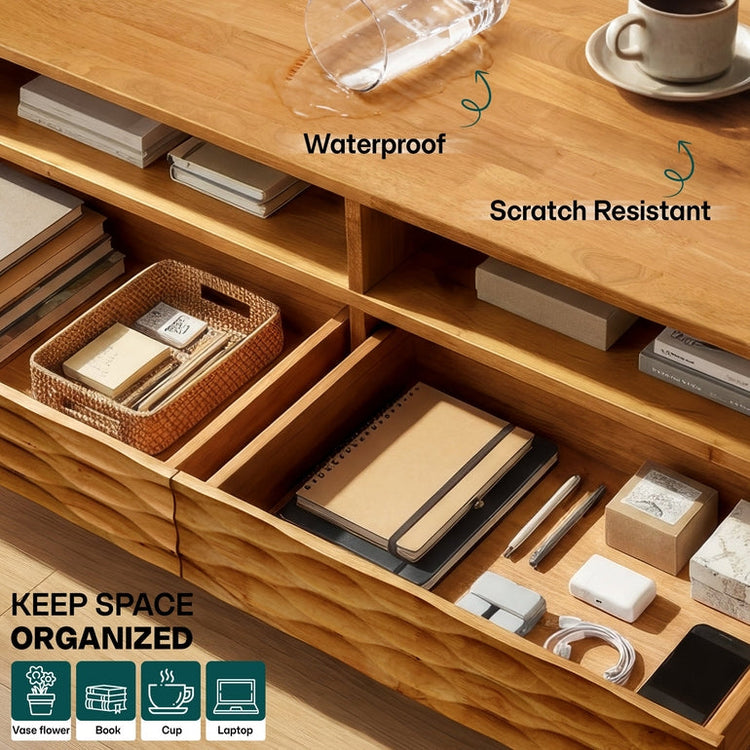 Rectangular Megsu Acacia Elara wooden coffee table with drawers and shelf for stylish living room storage.