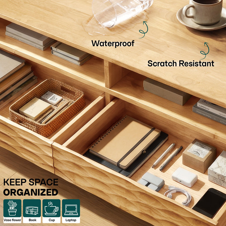 Rectangular Megsu Acacia Elara wooden coffee table with drawers and shelf, measuring 47.2 inches, showcasing surface and storage options