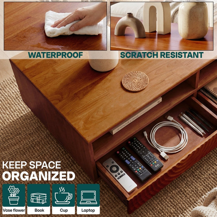 Walnut Acacia Harmony wooden coffee table by Megsu with storage drawers and open shelf, showcasing a stylish, functional design.
