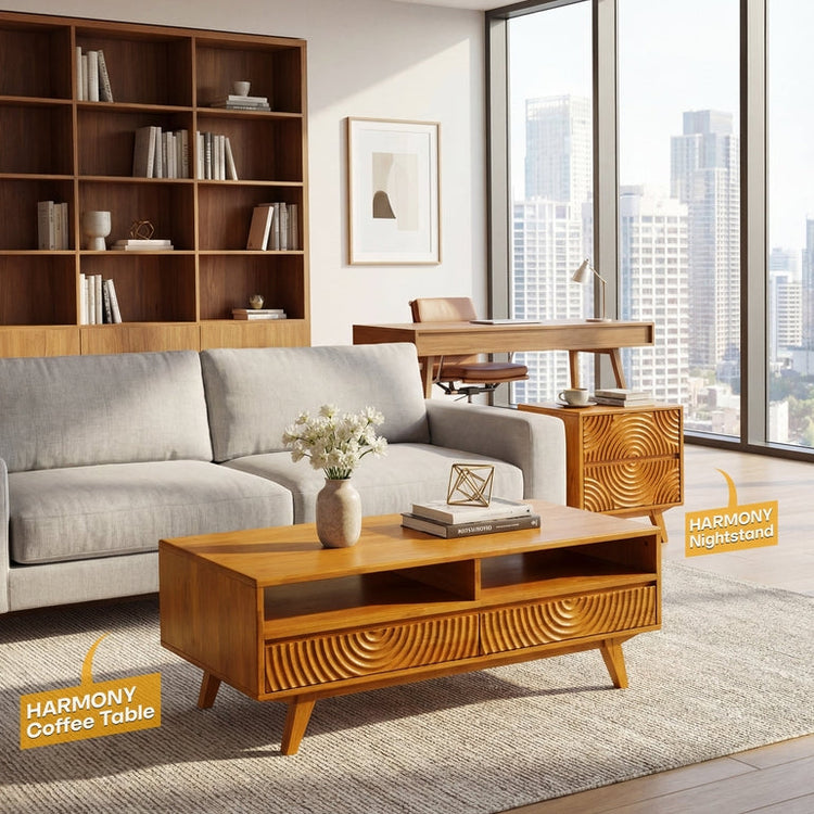 Caramel-colored Megsu Acacia Harmony wooden coffee table with drawers and open shelf for stylish storage.
