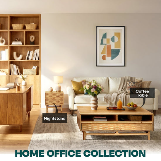 Acacia Elara wooden coffee table by Megsu with rectangular shape, drawers, and shelf for home or office use.