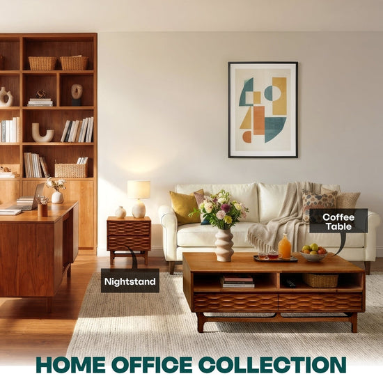 Acacia Elara wooden coffee table by Megsu featuring a 47.2-inch rectangular design with drawers and shelf for home or office use.