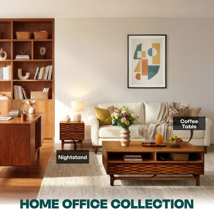 Acacia Elara wooden coffee table by Megsu featuring a 47.2-inch rectangular design with drawers and shelf for home or office use.