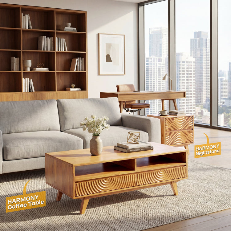 Natural oak Megsu Acacia Harmony wooden coffee table with storage drawers and open shelf, perfect for living room decor.