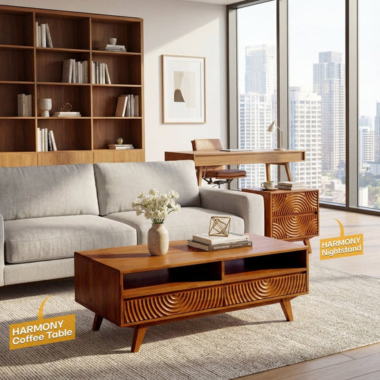 Walnut Acacia Harmony wooden coffee table with storage drawers and open shelf, designed by Megsu for modern living spaces.