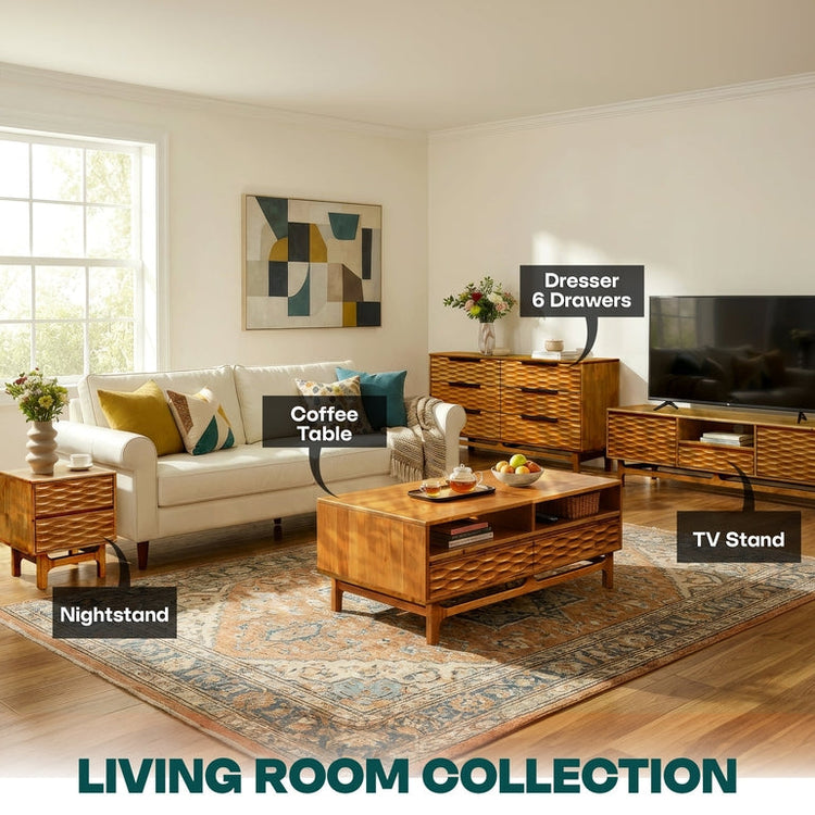 Megsu Acacia Elara wooden coffee table with drawers and shelf, rectangular 47.2-inch table for living room decor.