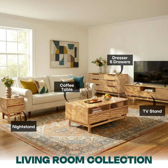 Modern Acacia Elara wooden coffee table by Megsu with rectangular shape, drawers, and shelf, suitable for living room decor.