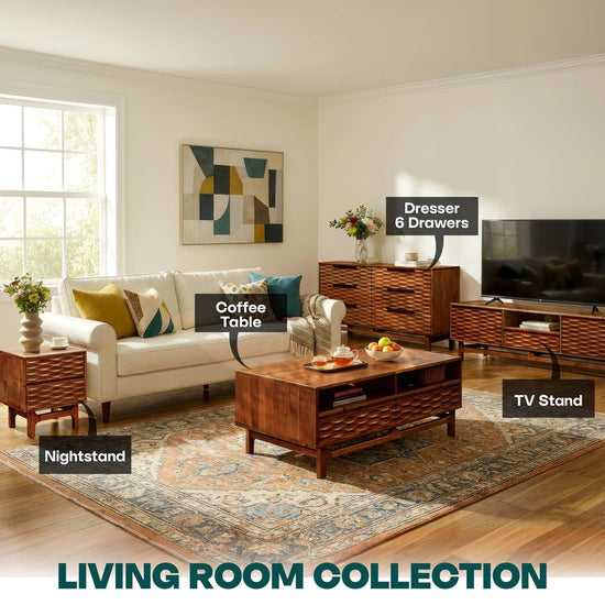 Acacia Elara wooden coffee table by Megsu with rectangular shape, drawers, and shelf, perfect for living room decor.