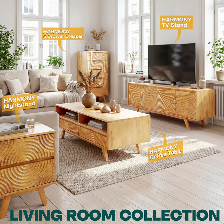 Natural oak Megsu Acacia Harmony wooden coffee table with storage drawers and open shelf, showcasing a modern design.