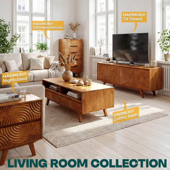 Walnut Acacia Harmony wooden coffee table with storage drawers and open shelf by Megsu, showcasing a stylish modern design.