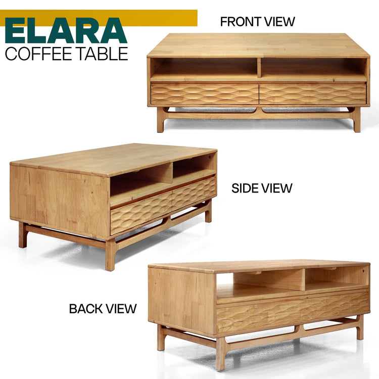 Side view of Megsu Acacia Elara wooden coffee table with rectangular shape, drawers, and lower shelf.