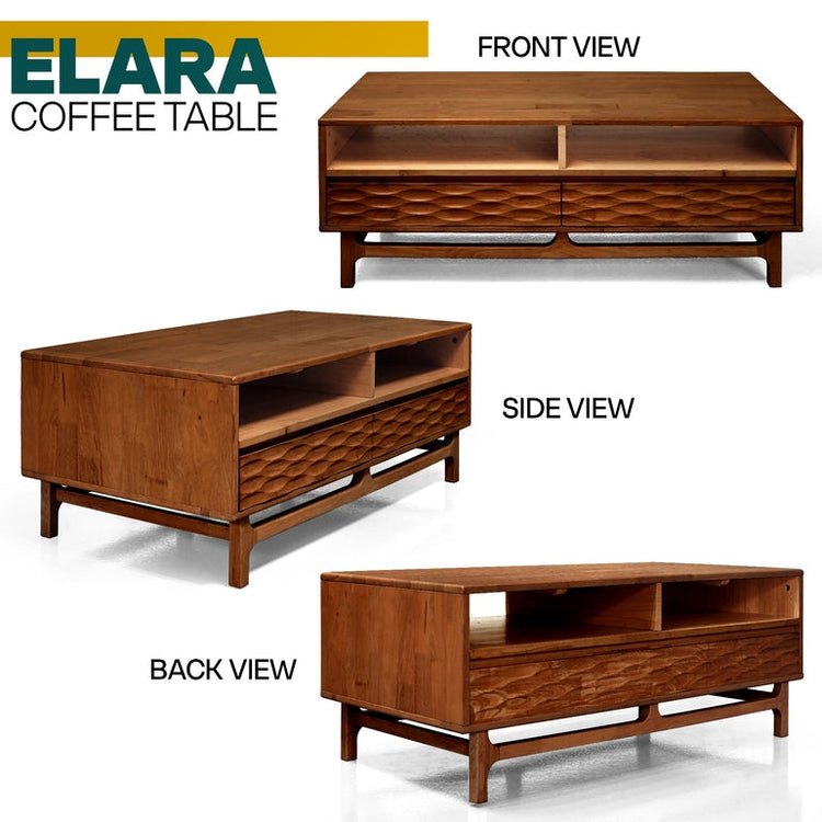 Side view of Megsu Acacia Elara wooden coffee table with drawers and shelf, rectangular design, 47.2 inches long.