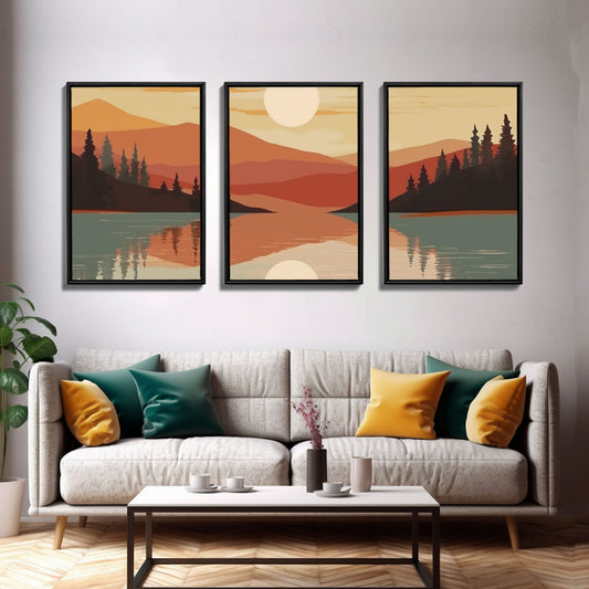 Sunset Forest boho abstract 3-piece framed canvas wall art set by NuevArt featuring vibrant sunset and forest designs
