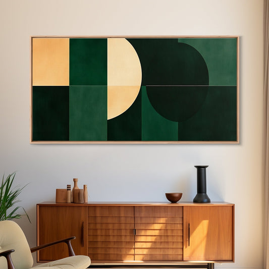 Emerald green geometric wall art by NuevArt, mid-century modern canvas print featuring bold shapes and vibrant colors.