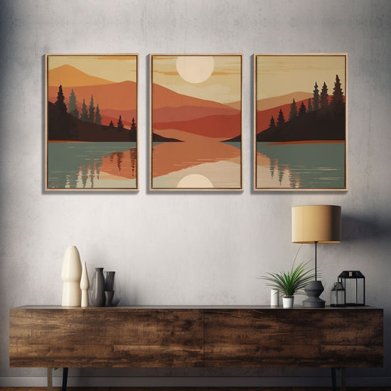 Sunset Forest 3-piece framed canvas wall art set by NuevArt featuring boho abstract nature-inspired designs for home decor.