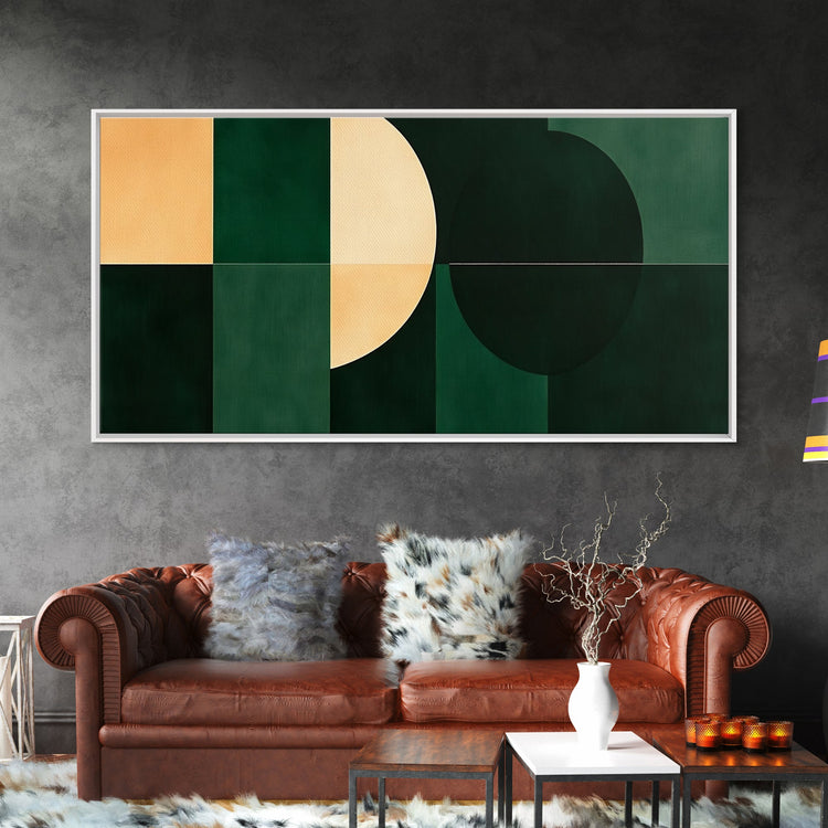 Emerald green geometric wall art by NuevArt, mid-century modern canvas print with bold shapes and vibrant colors for contemporary decor.