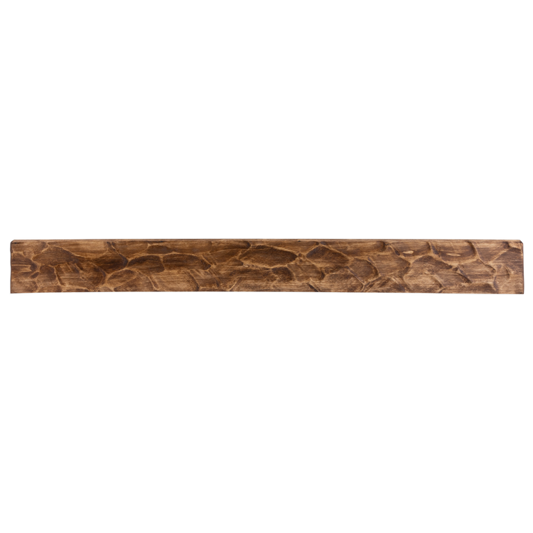 Rough hewn poplar fireplace mantel shelf by Dogberrycollections in aged oak finish, textured with hand-adze detailing, 36 to 72 inches.