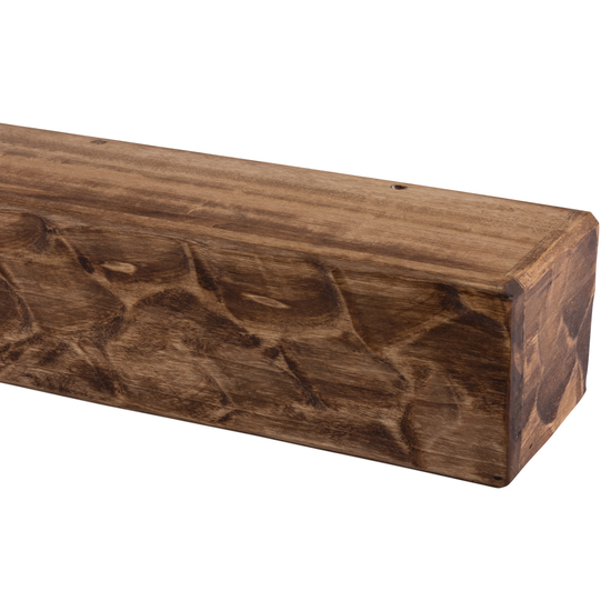 Rough hewn poplar fireplace mantel shelf in aged oak finish, handcrafted with hand-adze texture, available in 36 to 72 inches.