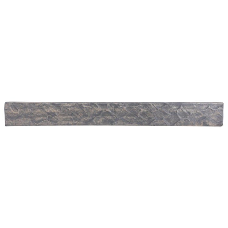 Rough hewn poplar fireplace mantel shelf in ash gray finish with textured hand-adze detail, 36 to 72 inches long.