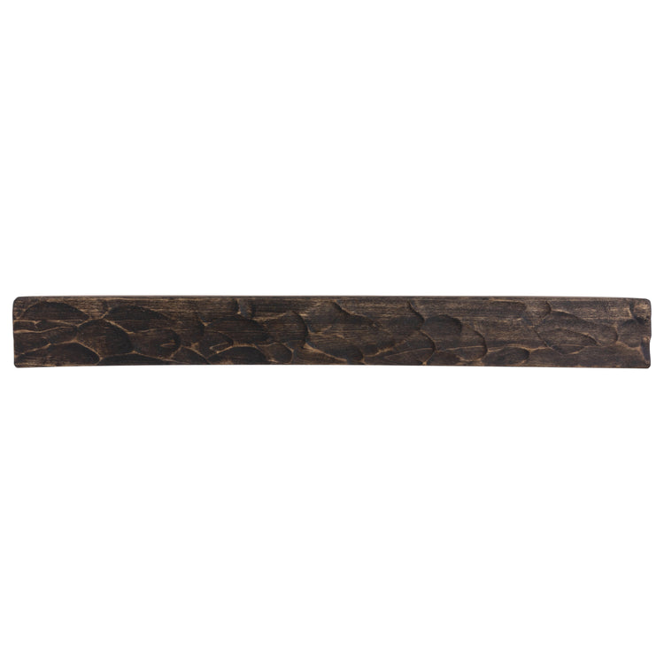 Rough hewn poplar fireplace mantel shelf by Dogberrycollections in dark chocolate finish, textured hand-adze design, 36 to 72 inches long.