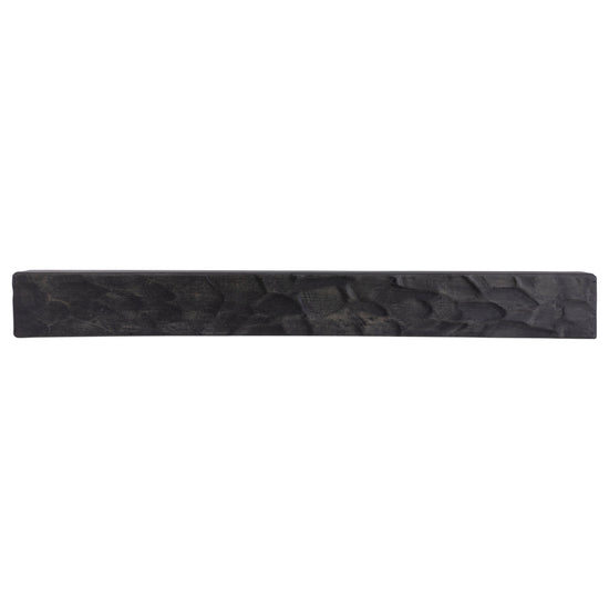 Rough hewn poplar fireplace mantel shelf in midnight black with hand-adze texture, 36 to 72 inches long, from Dogberrycollections.