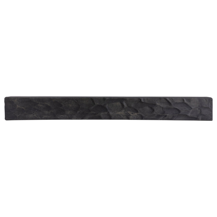 Rough hewn poplar fireplace mantel shelf in midnight black with hand-adze texture, 36 to 72 inches long, from Dogberrycollections.