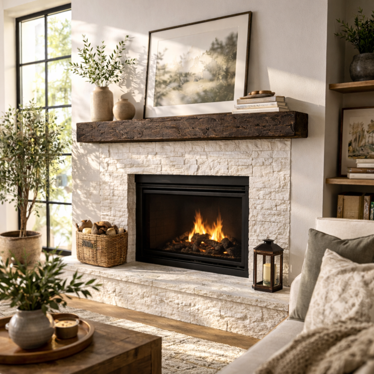 Rough hewn poplar fireplace mantel shelf by Dogberrycollections, hand-adze textured, in dark chocolate finish, 36 to 72 inches long.