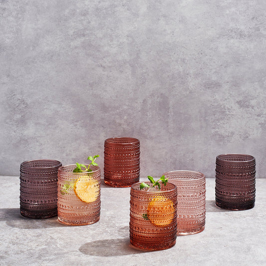 Set of six Khen Site Venus Hobnail lowball glass tumblers, 11oz each, with textured hobnail design in shades of brown.