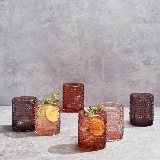 Set of six Khen Site Venus Hobnail lowball glass tumblers, 11oz each, with textured hobnail design in shades of brown.