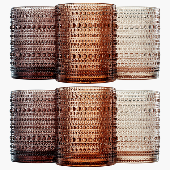 Set of six Venus Hobnail lowball glass tumblers in shades of brown, 11oz each, by Khen Site.