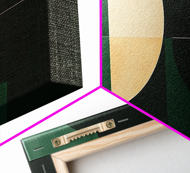Emerald green geometric wall art by NuevArt, mid-century modern canvas print with bold shapes and vibrant colors.