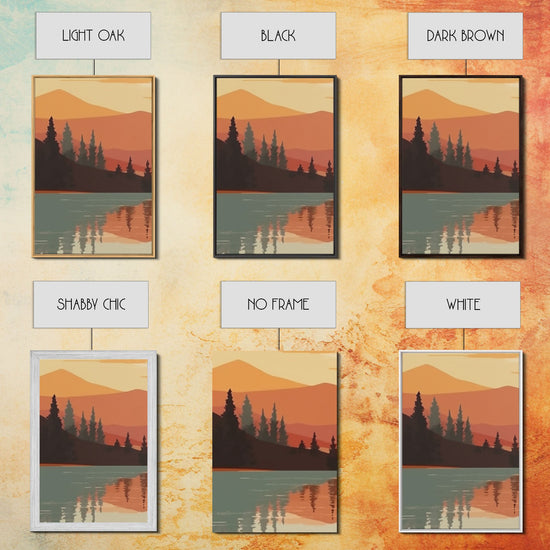 Sunset Forest 3-piece framed canvas wall art set by NuevArt featuring boho abstract sunset and forest scene in warm tones.