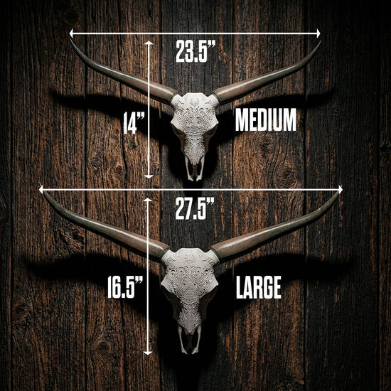 Faux steer skull with bull horns wall decor by Active Doodie Gear®, featuring lightweight PLA material in two sizes.