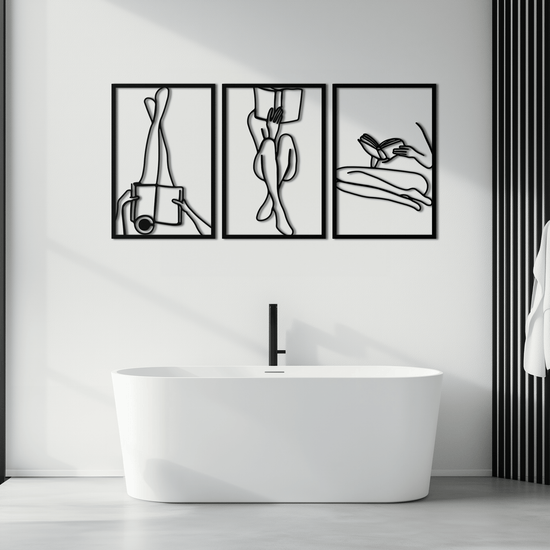 Modern metal wall art of a woman reading, crafted from steel with minimalist design by Enova Art.