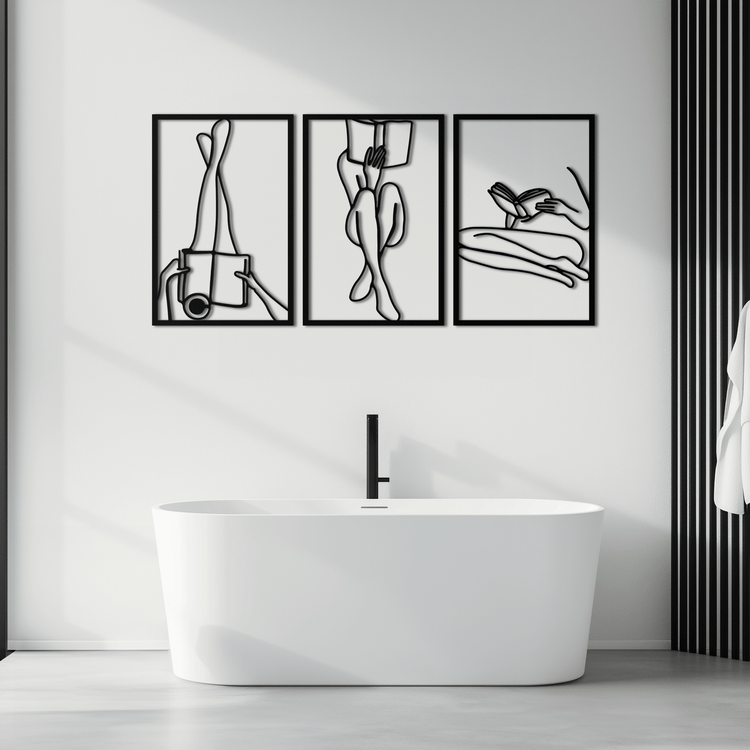 Modern metal wall art of a woman reading, crafted from steel with minimalist design by Enova Art.