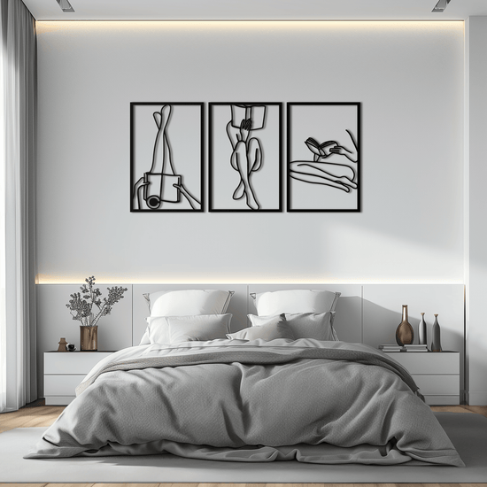 Modern metal wall art featuring a woman reading by Enova Art, minimalist steel decor for contemporary home or office interior.