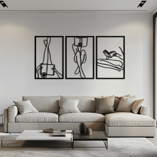 Modern metal wall art featuring a woman reading, sleek steel design for minimalist home decor by Enova Art.
