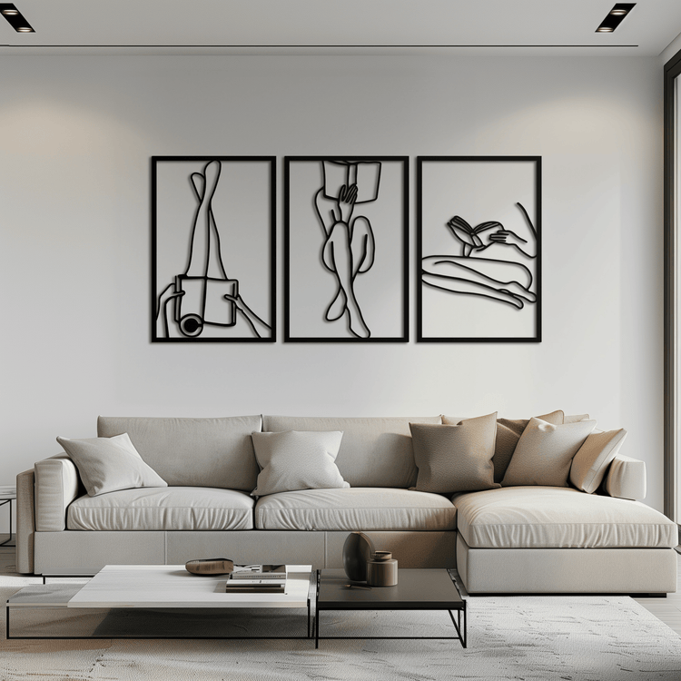 Modern metal wall art featuring a woman reading, sleek steel design for minimalist home decor by Enova Art.