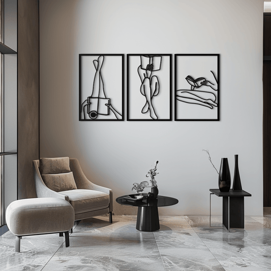 Modern metal wall art of a woman reading, made of steel, by Enova Art, featuring minimalist and contemporary design.