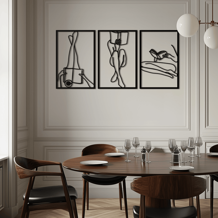 Modern woman reading metal wall art by Enova Art, minimalist steel decor featuring a sleek, artistic silhouette of a woman with a book.