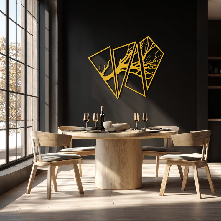 Modern metal wall art by Enova Art featuring an abstract tree branch design in steel for contemporary wall decor.