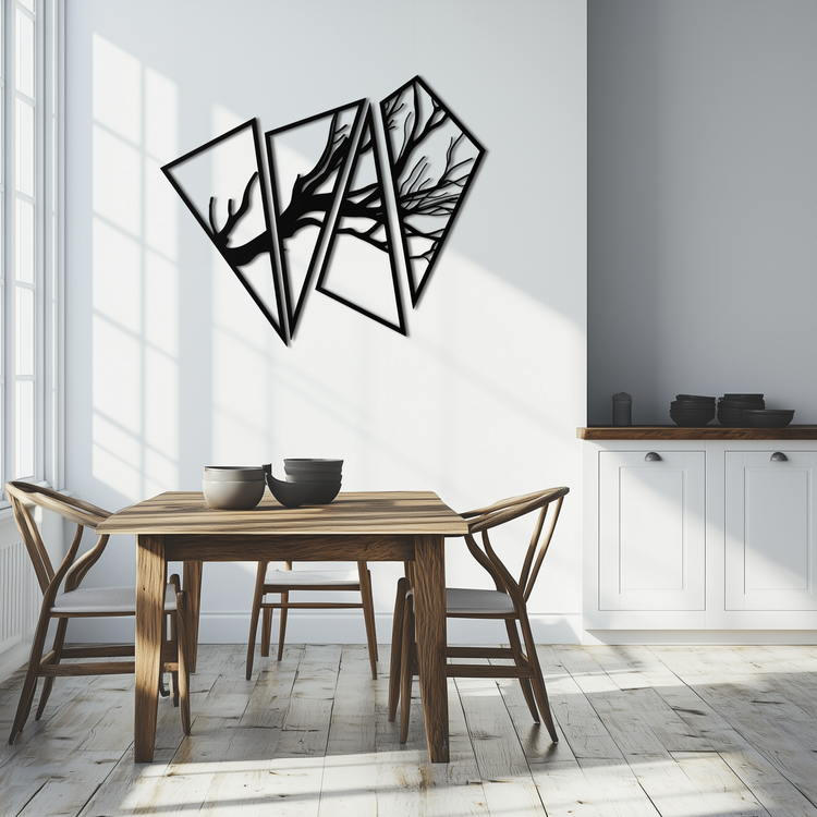 Modern metal wall art by Enova Art featuring an abstract tree branch design in steel for contemporary home decor.