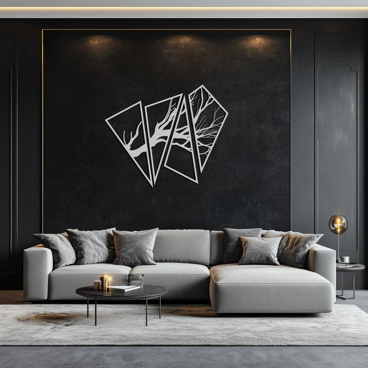 Modern metal wall art by Enova Art featuring an abstract tree branch design in steel for contemporary wall decor.