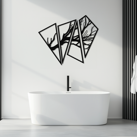 Modern metal wall art featuring an abstract tree branch design by Enova Art, crafted from steel for contemporary wall decor.