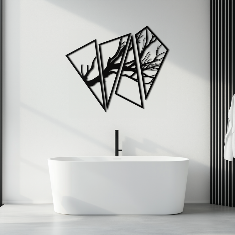 Modern metal wall art featuring an abstract tree branch design by Enova Art, crafted from steel for contemporary wall decor.