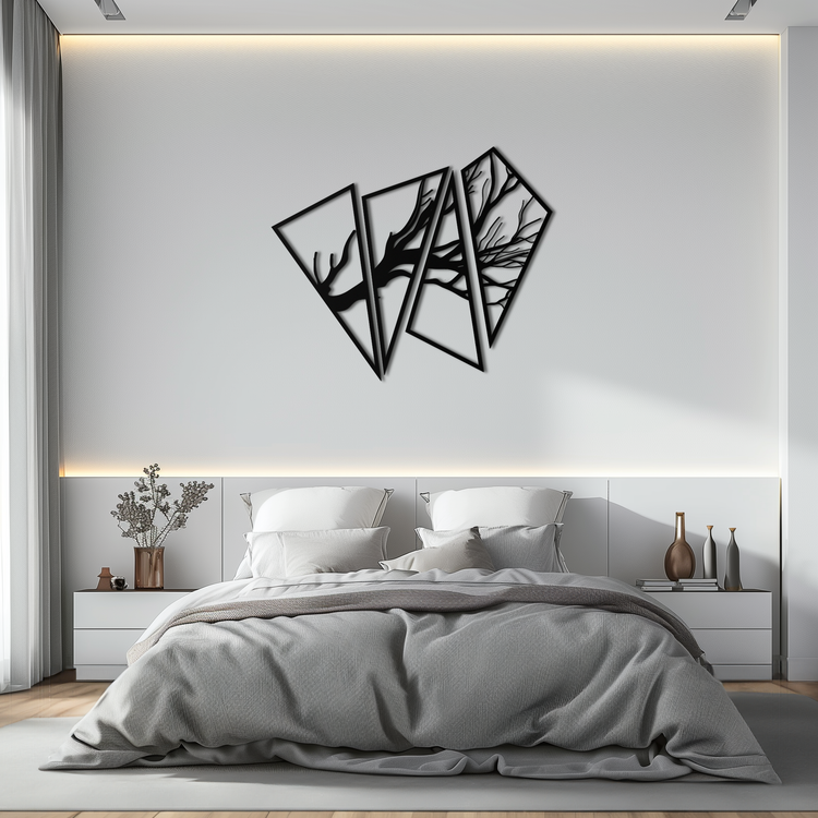 Modern metal wall art featuring an abstract tree branch design by Enova Art, made of steel for contemporary wall decor.