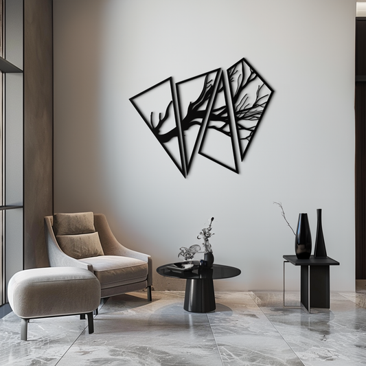 Modern metal wall art featuring an abstract tree branch design in steel, by Enova Art, perfect for contemporary wall decor.